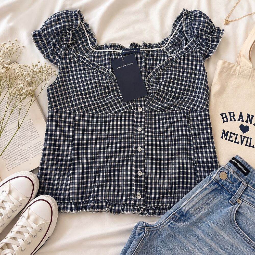 Brandy Melville Plaid Babydoll Top Navy White Puff Sleeve NWT One Size